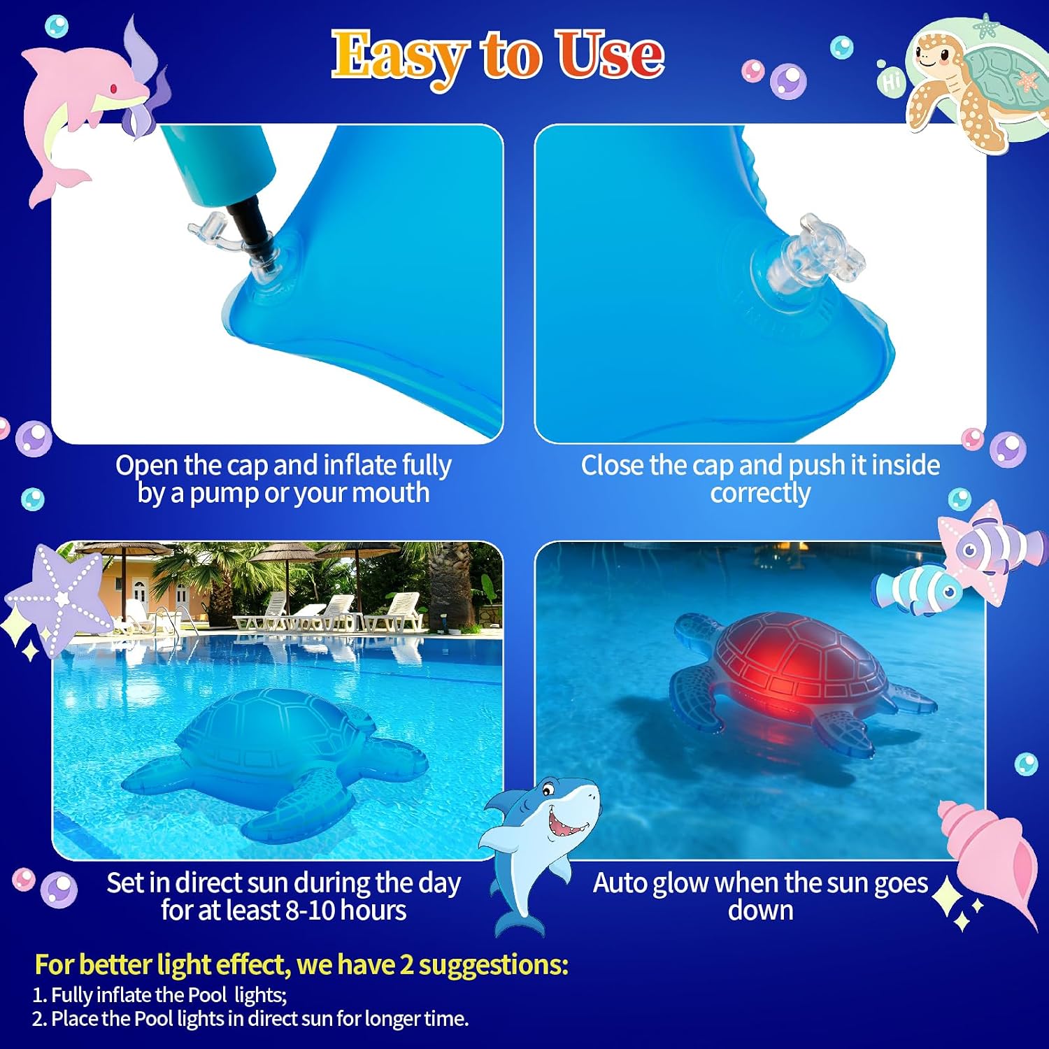 Instructions showing how to inflate and use the solar floating turtle pool light