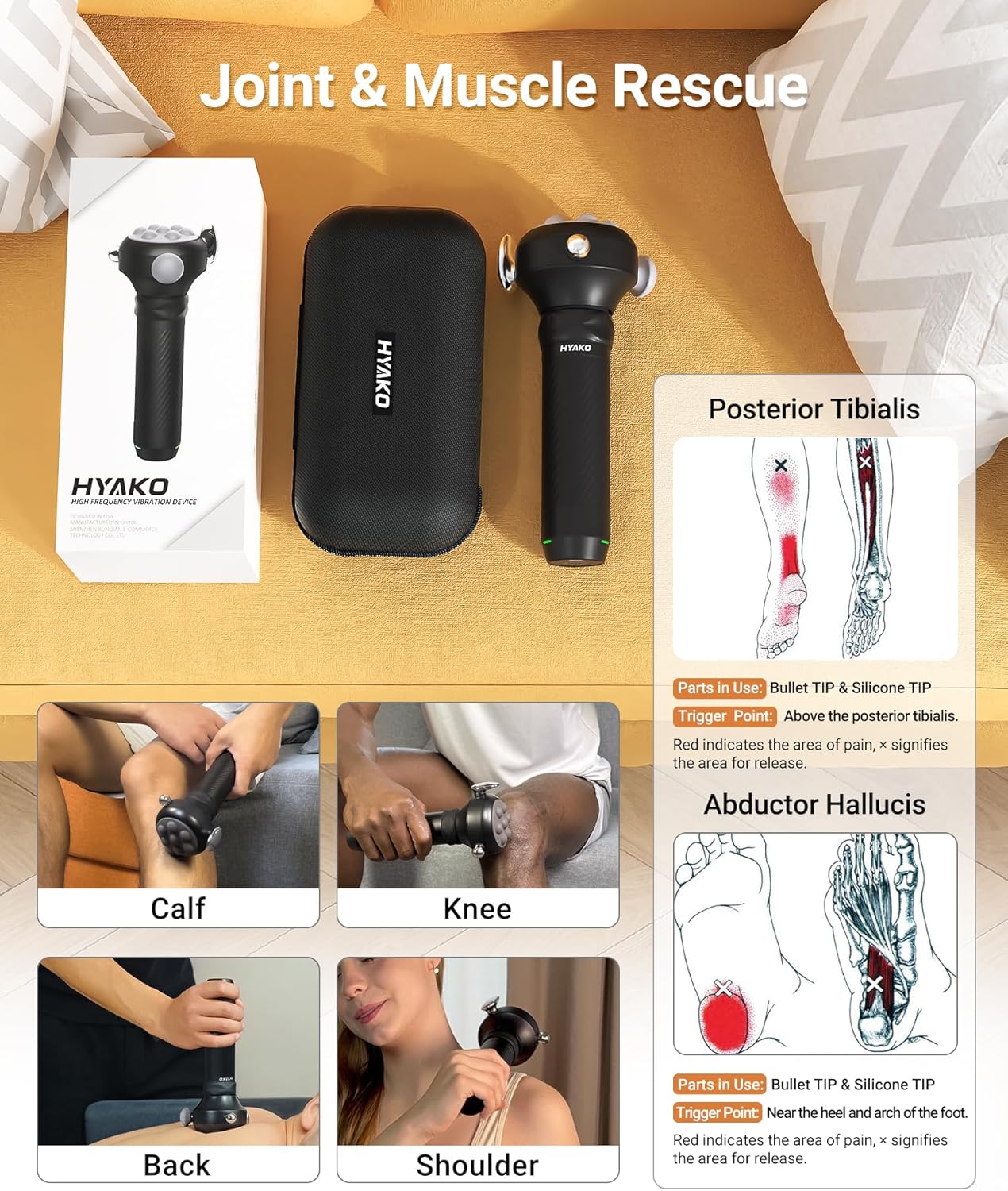 HYAKO Pro Max used on calves, knees, back, and shoulders