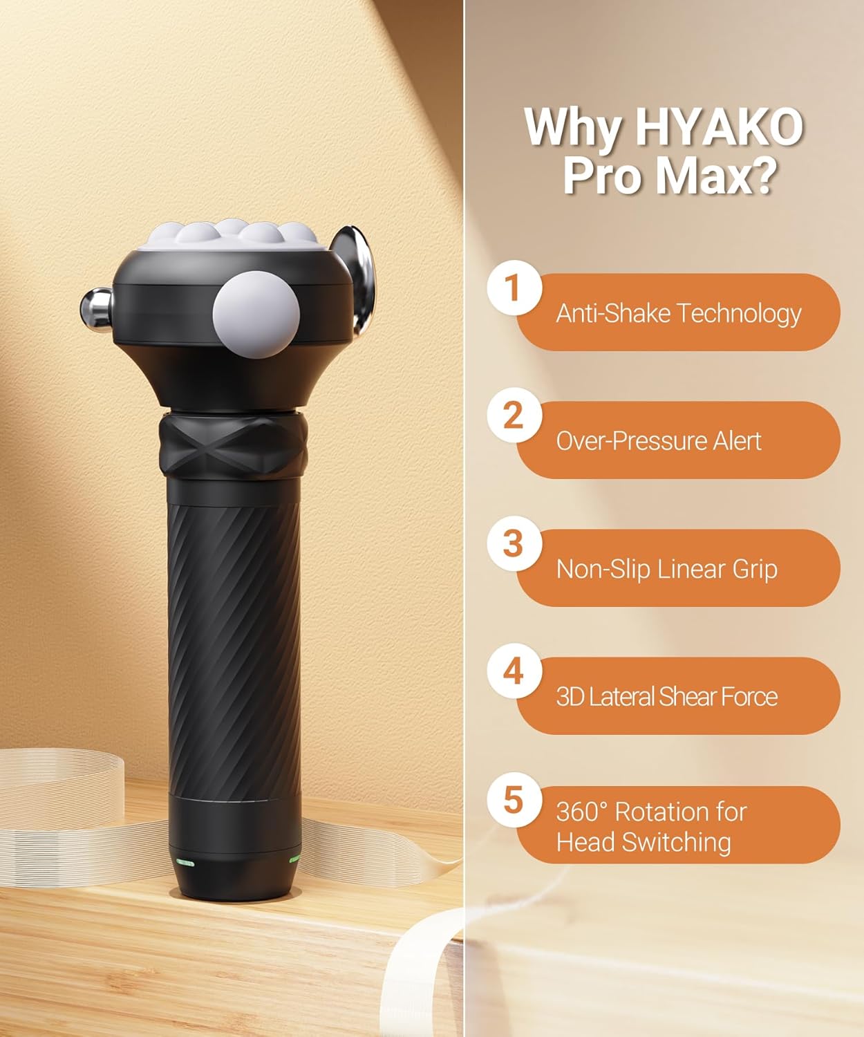 HYAKO massage gun features anti-shake tech and ergonomic grip