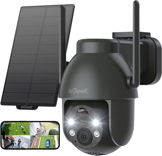 ieGeek outdoor security camera with attached solar panel and a smartphone displaying live surveillance footage.