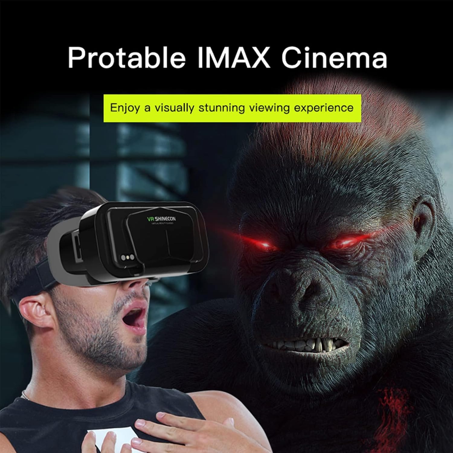 Man using VR SHINECON G10 headset with cinematic IMAX-style experience
