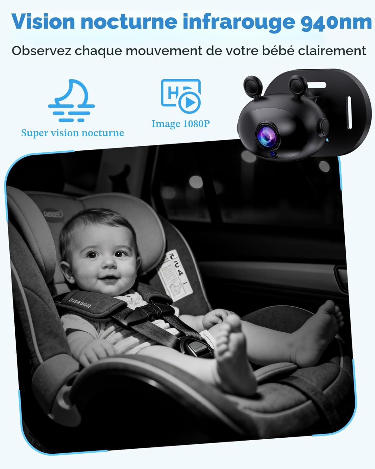 Infrared night vision baby car camera monitoring infant at night