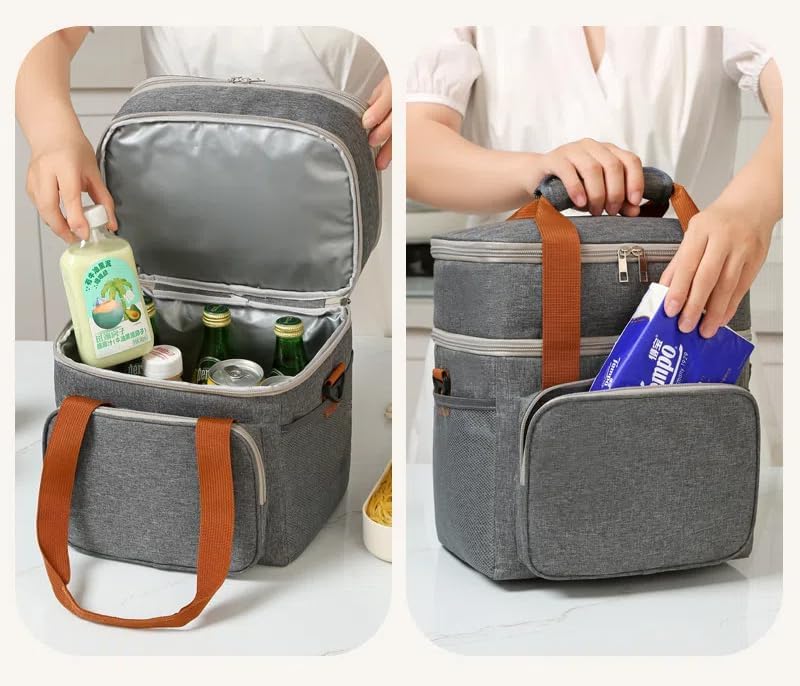 Lunch bag storing drinks, with wide top opening and convenient outer pocket.