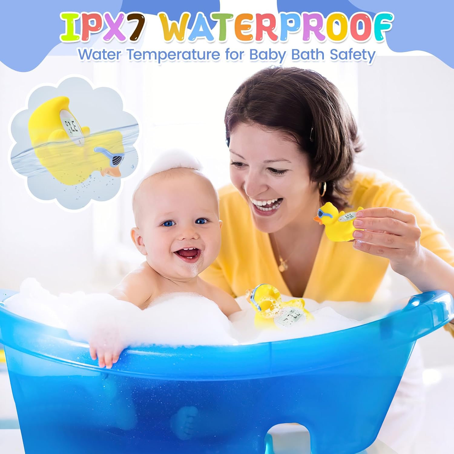 Waterproof baby bath thermometer duck with happy baby in tub