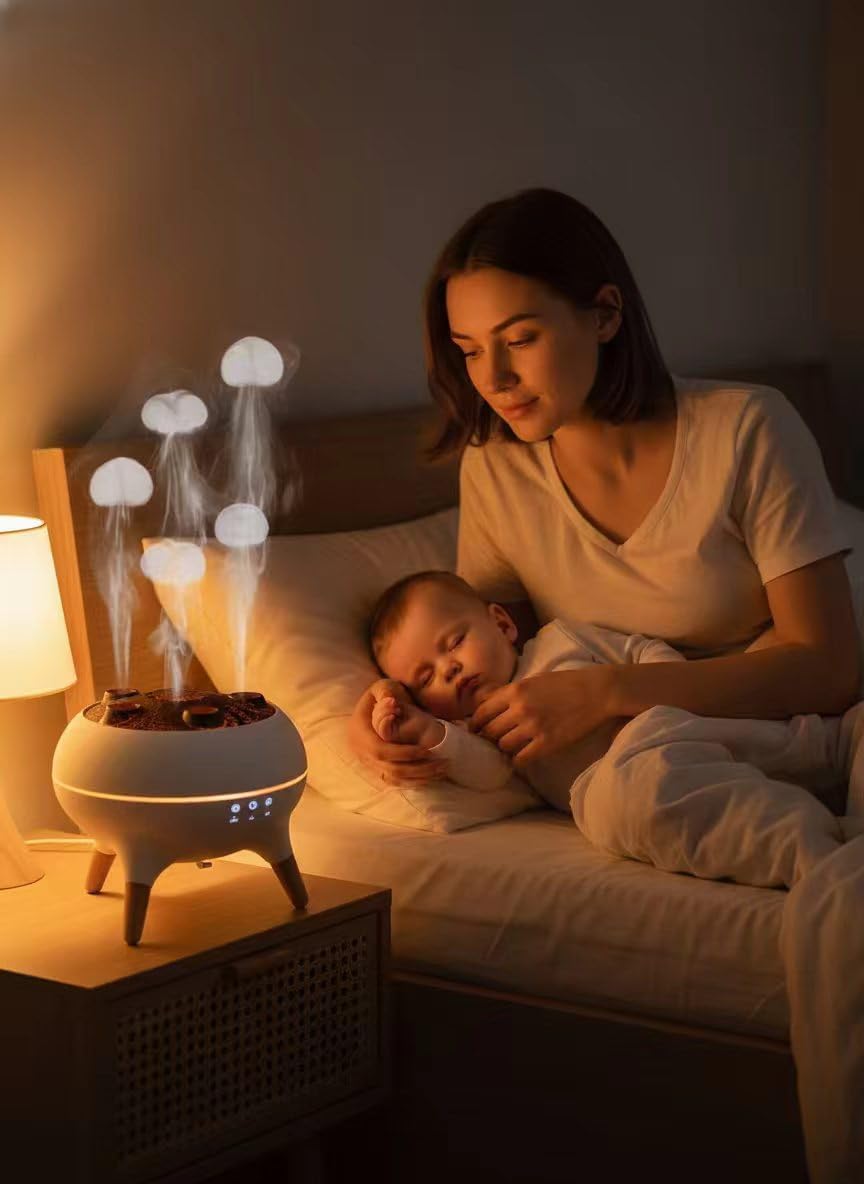 Jellyfish aroma diffuser creating relaxing mist beside sleeping baby and mother