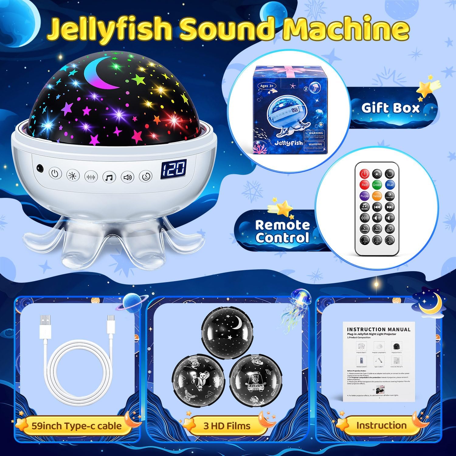 Jellyfish baby sound machine with star projector, remote control and gift box