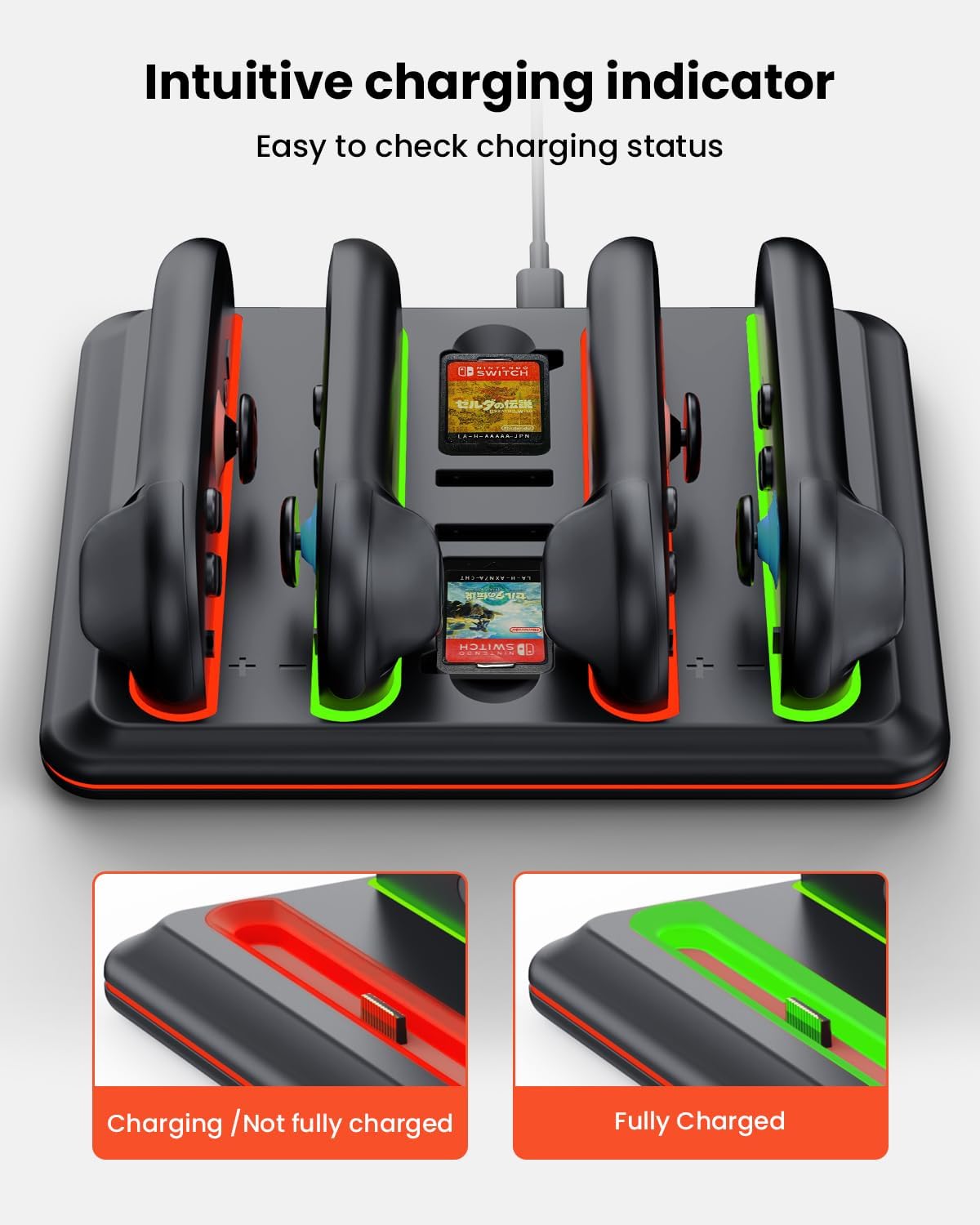 LED indicators showing Joy-Con charging and full battery status