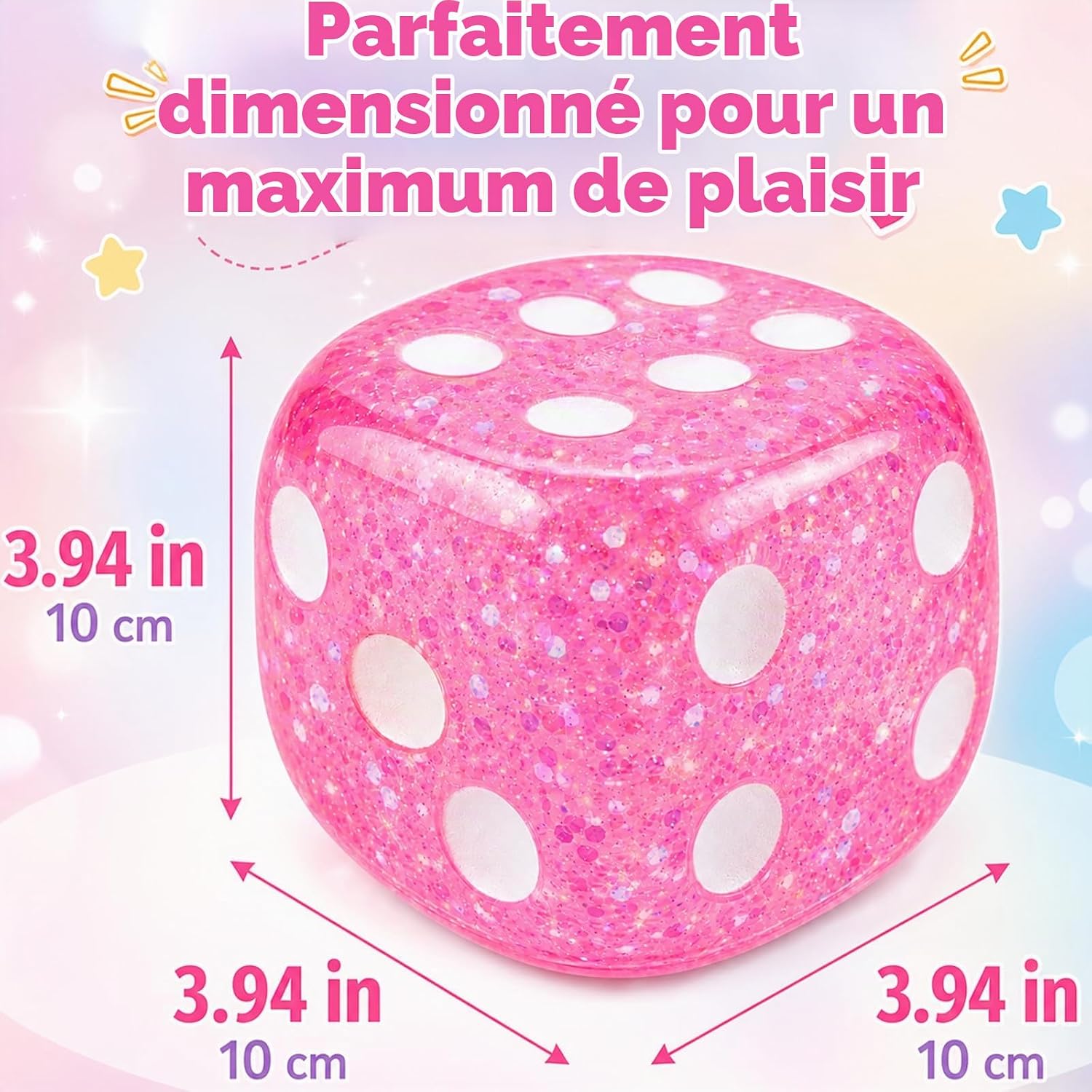 Jumbo pink squishy dice showing 4 inch and 10.2 cm dimensions