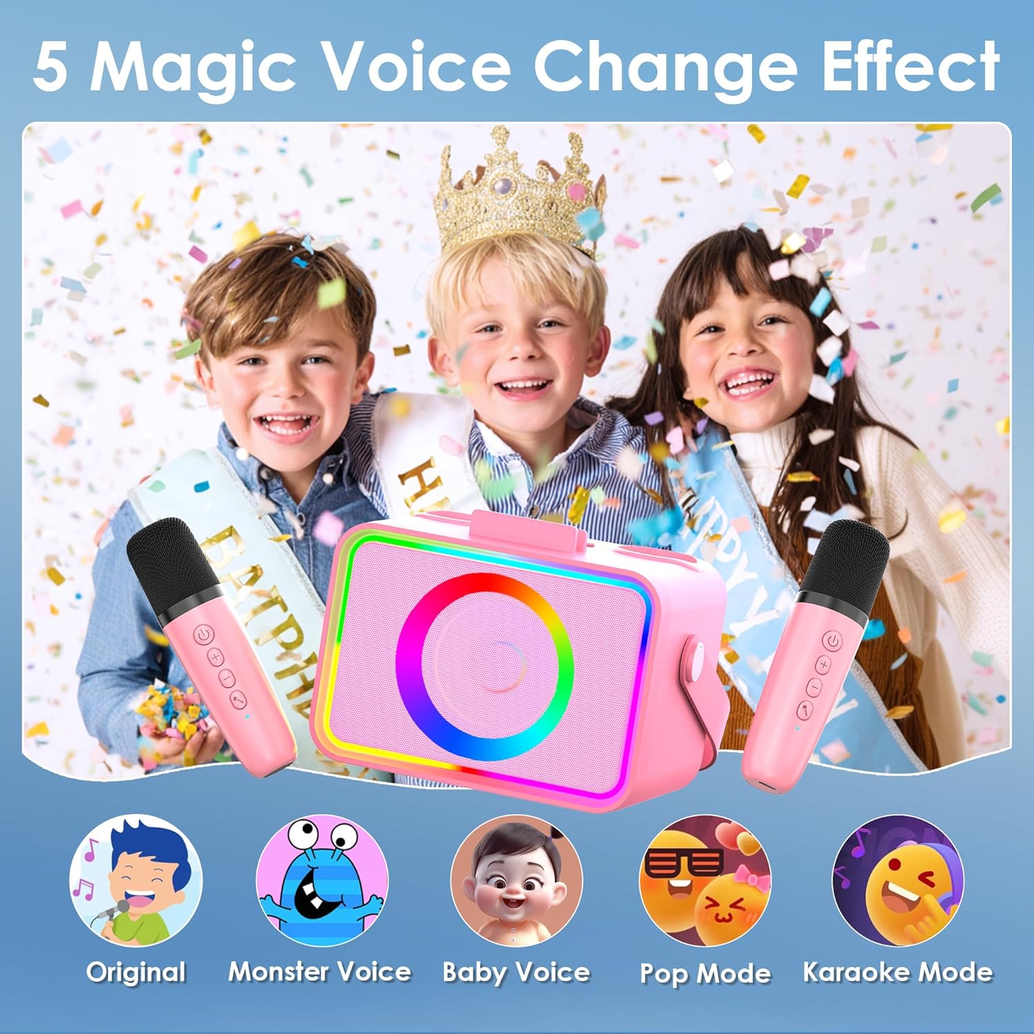 Portable karaoke speaker featuring 5 fun voice changer effects for kids and adults