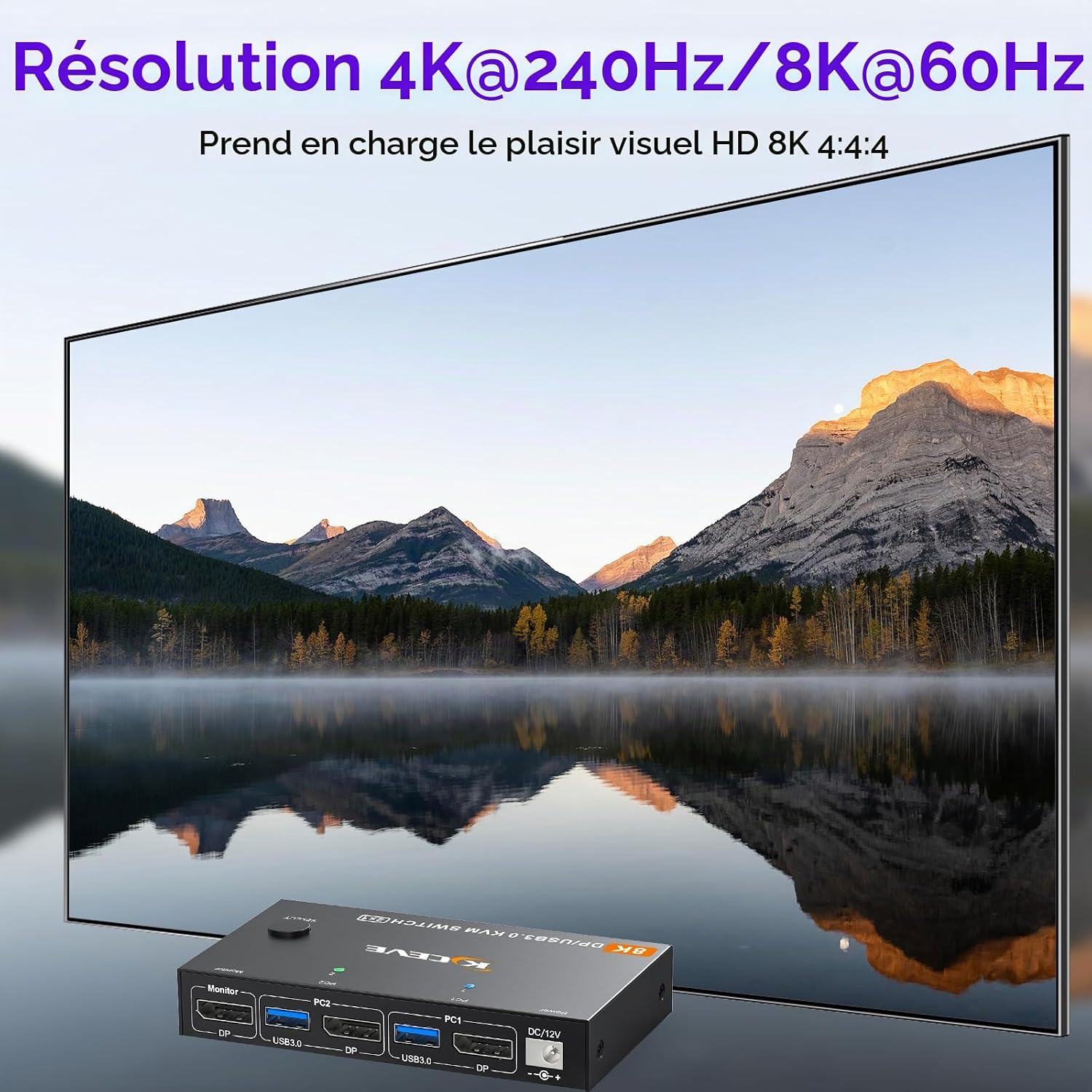 KCEVE DisplayPort KVM switch supporting 8K 60Hz and 4K 240Hz video