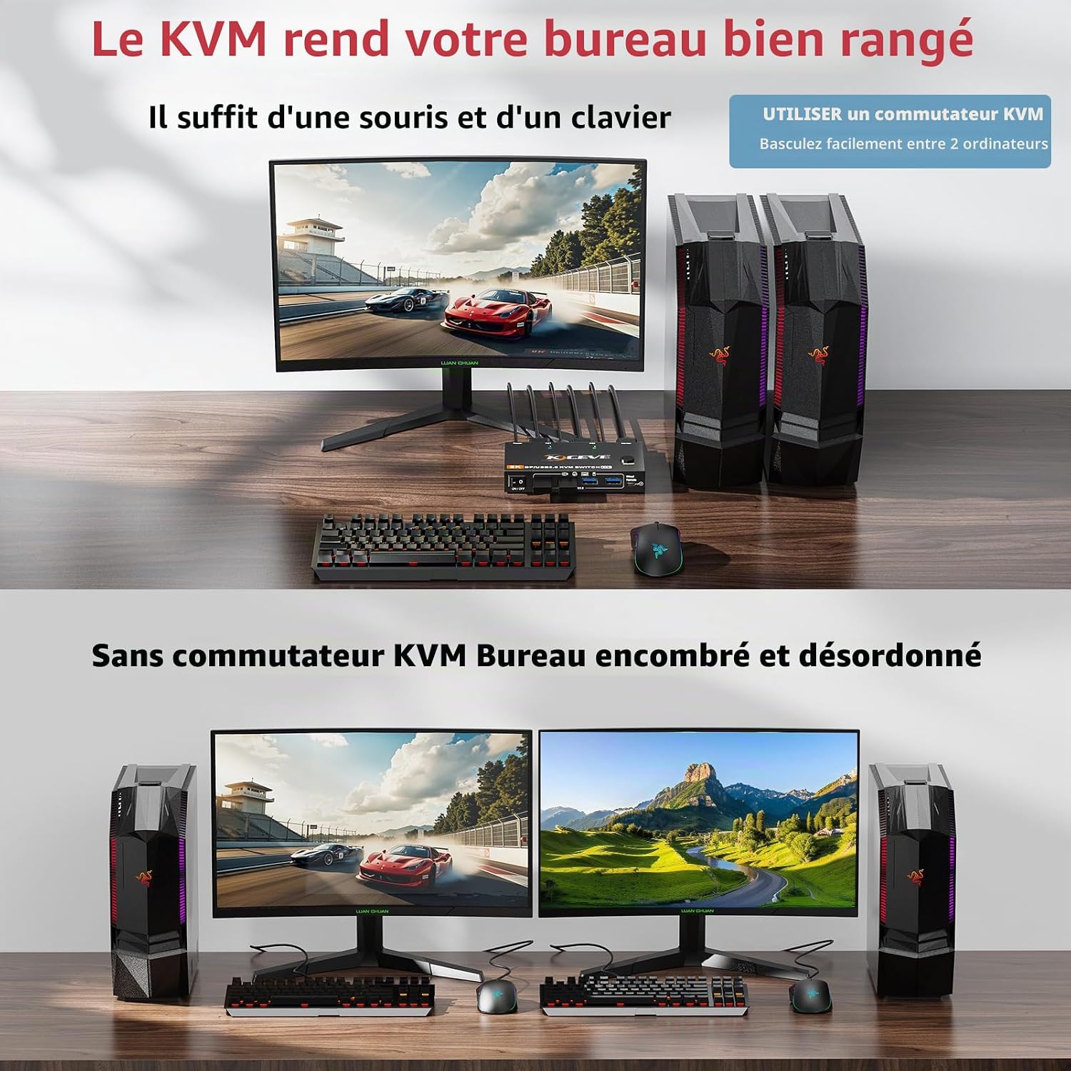 KCEVE KVM switch for an organized dual PC workstation with one monitor