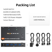 KCEVE KVM switch package contents including USB cables wired remote and 12V adapter