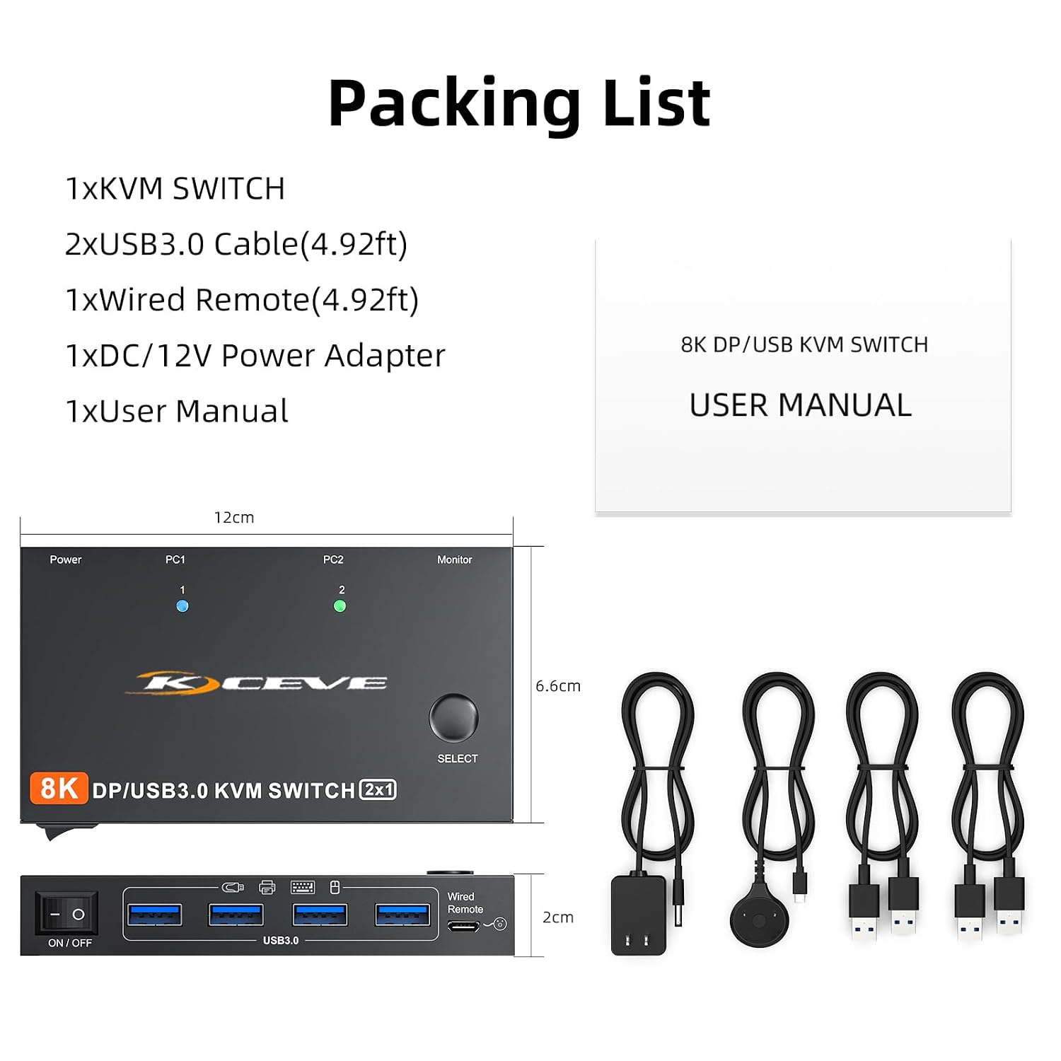 KCEVE KVM switch package contents including USB cables wired remote and 12V adapter