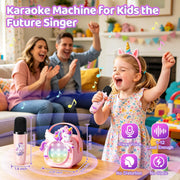 Child singing with unicorn karaoke machine and wireless microphone
