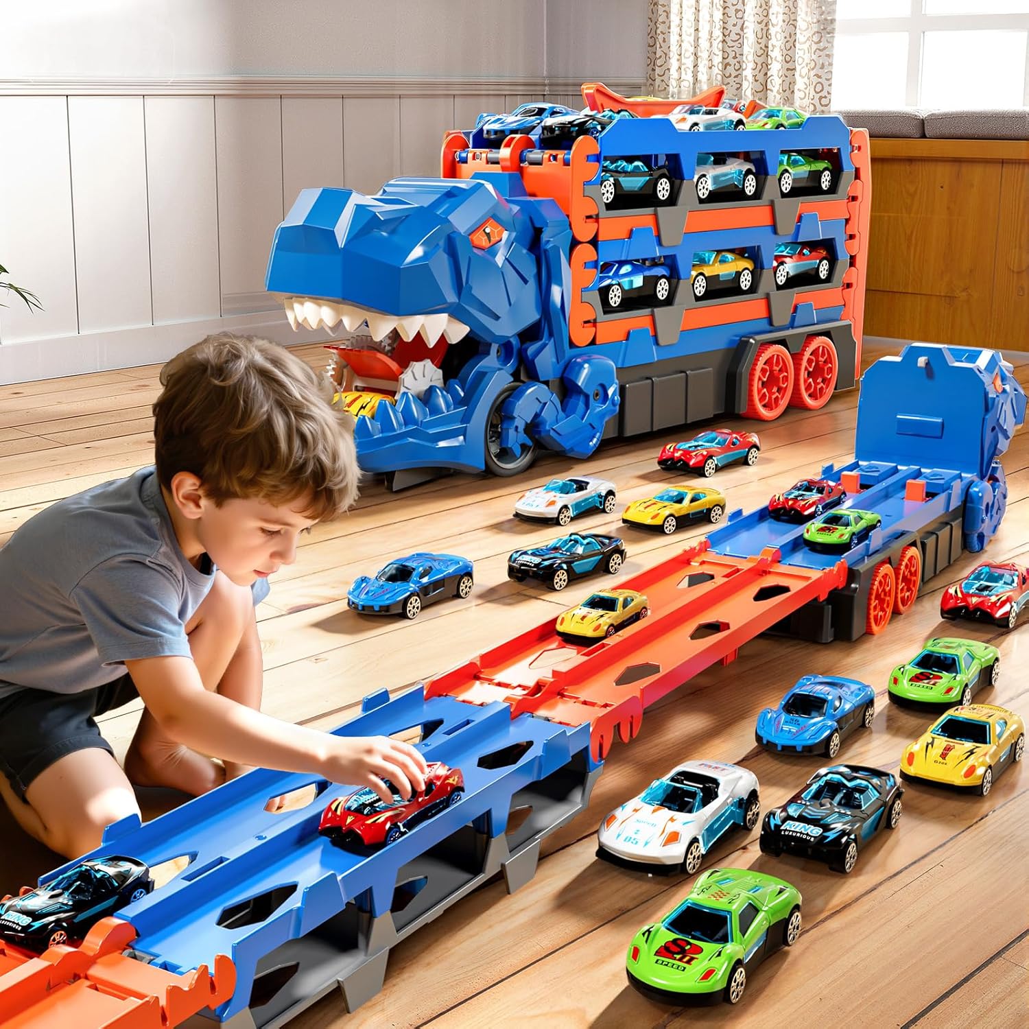 Kids playing with dinosaur car carrier and dual race track toy
