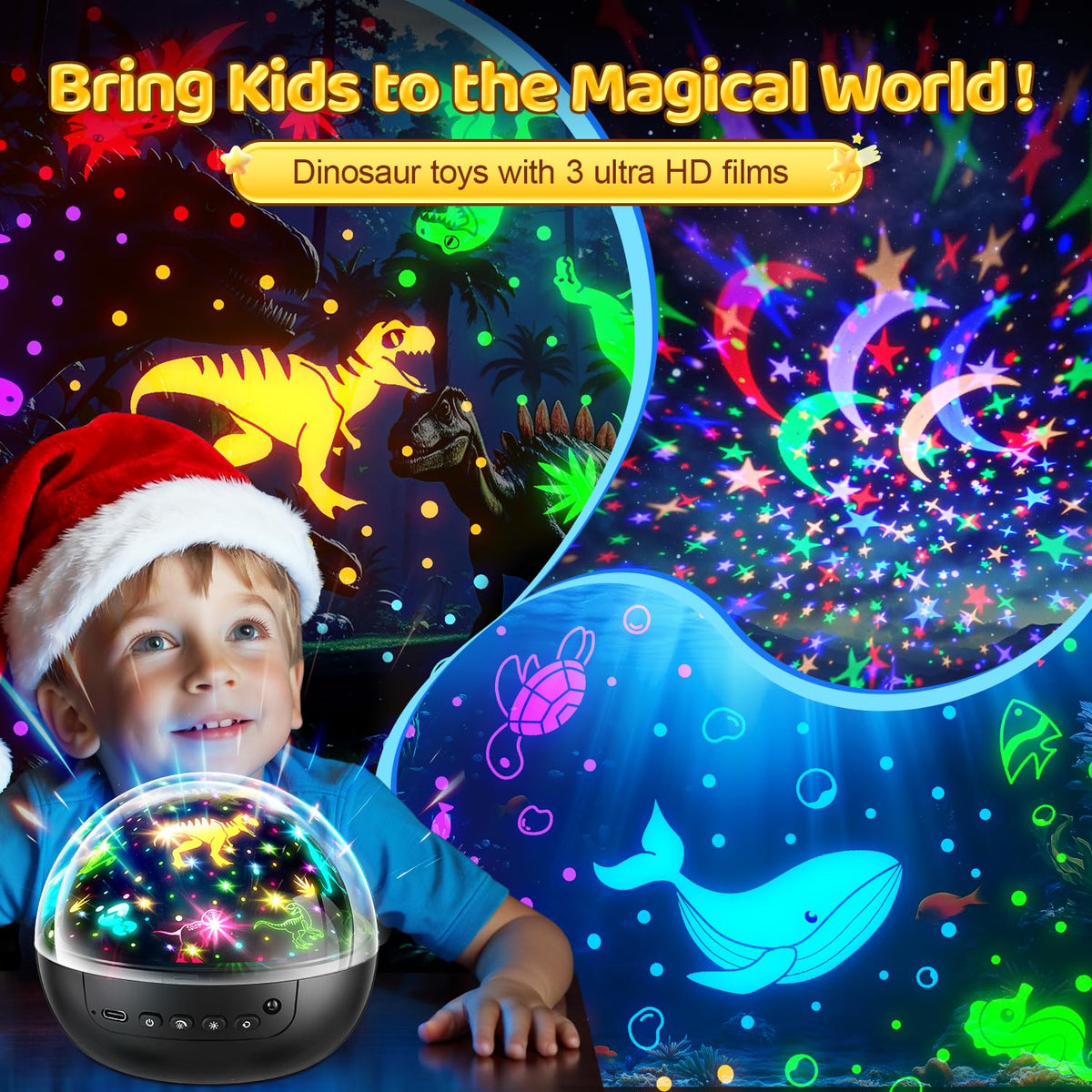 Kids star projector night light with dinosaur, ocean and star projection themes
