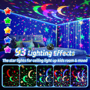 Star projector lighting effects with colorful moons and stars on bedroom walls and ceiling