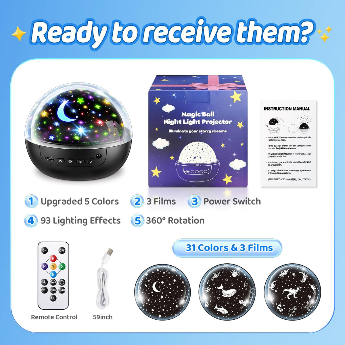 Kids night light projector with colorful ocean animal projection effects
