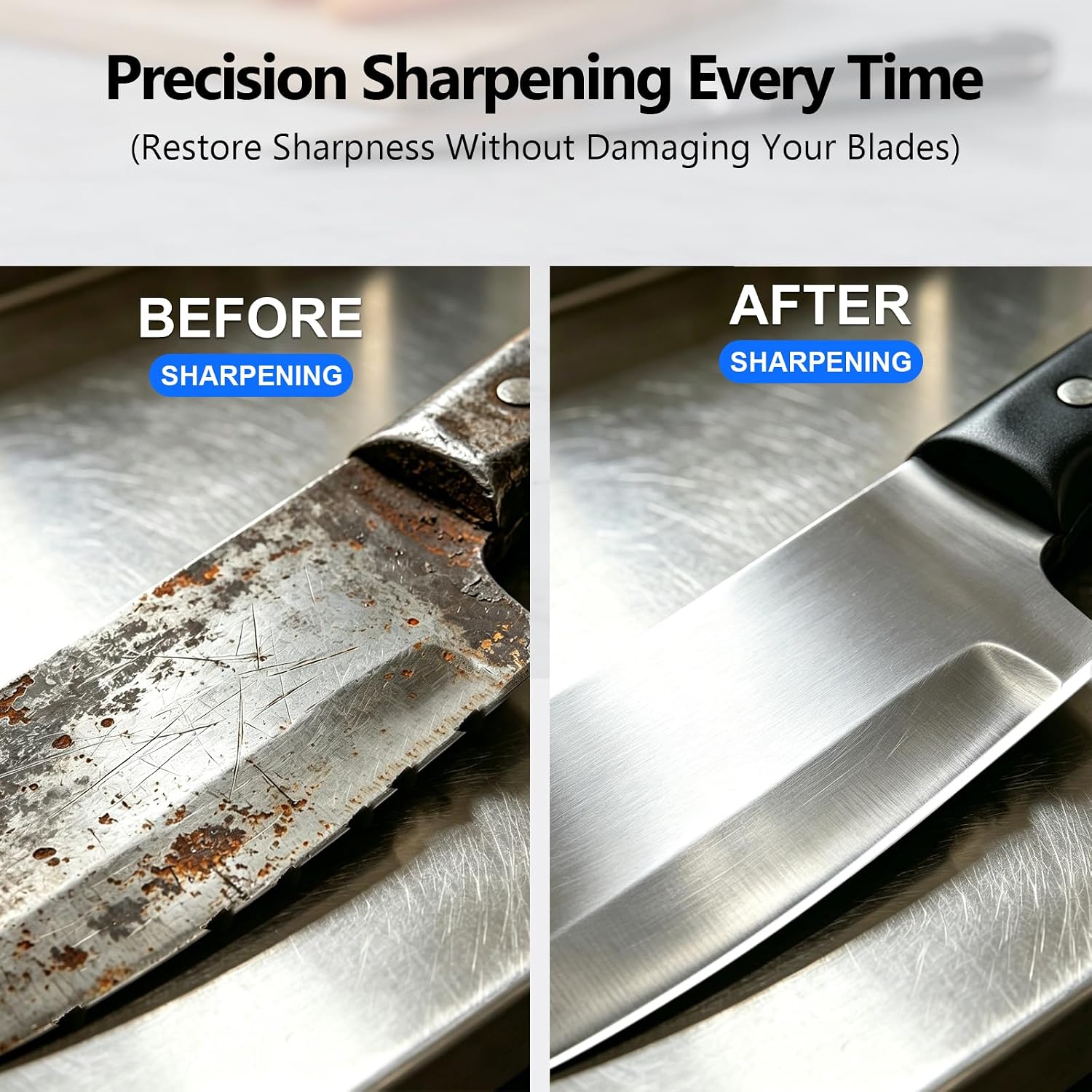 Before and after comparison showing restored knife sharpness