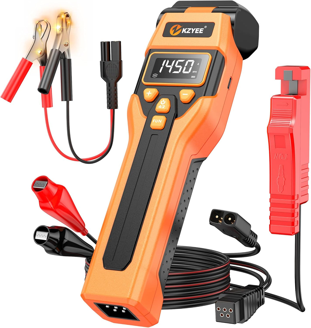 Front view of the Kzyee KT80 LED Timing Light with clamp wires and digital RPM display.