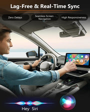 Man enjoying lag-free screen sync using wireless CarPlay adapter