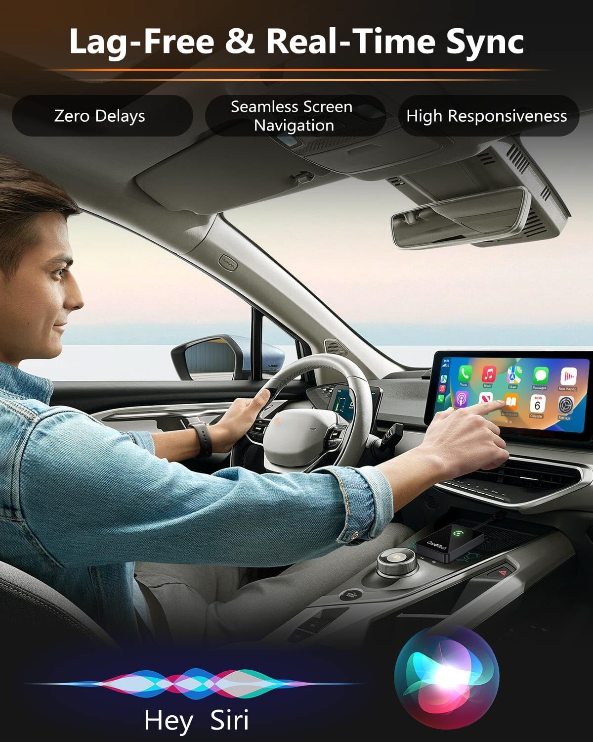 Man enjoying lag-free screen sync using wireless CarPlay adapter