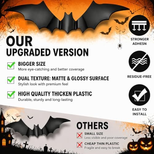 Hands arranging large reusable black 3D Halloween bat wall decorations