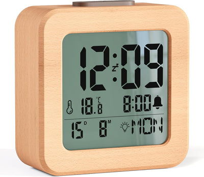Wooden Digital Alarm Clock with Temperature & Date – Loud Alarm for Heavy Sleepers, Backlit LCD, Snooze & Light Sensor