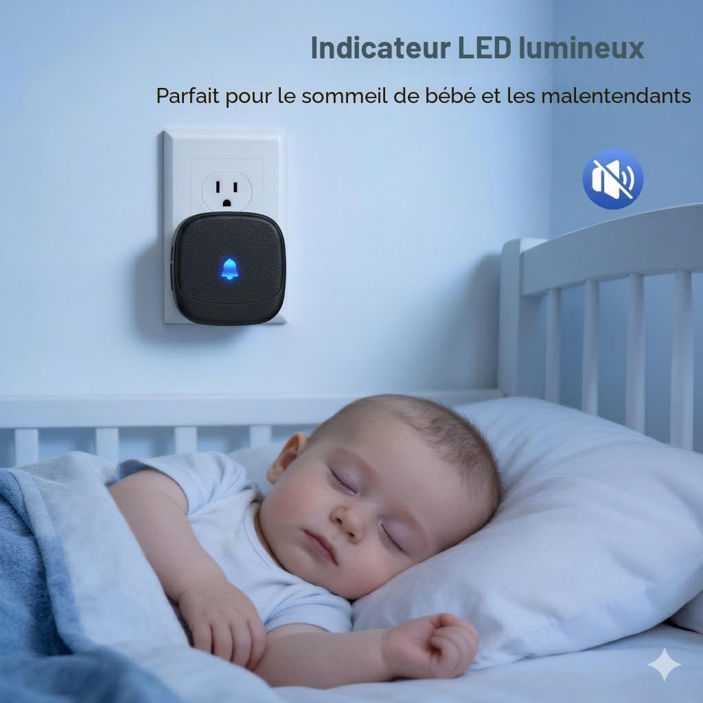 Wireless doorbell receiver with blue LED alert in nursery