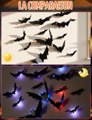 LED bat wall decorations shown in daylight and illuminated at night