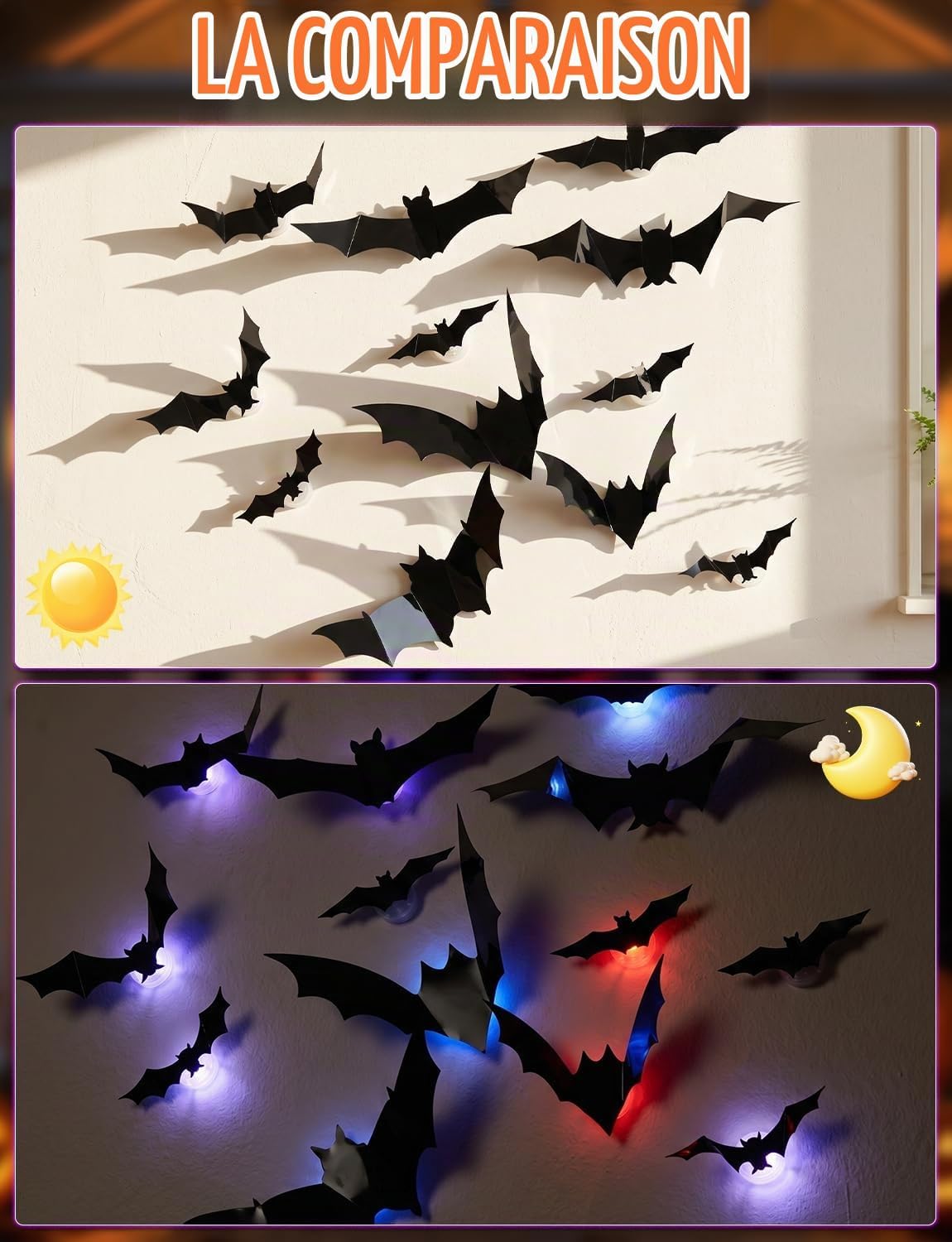 LED bat wall decorations shown in daylight and illuminated at night