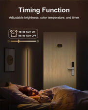 LED floor lamp with sleep mode and timer settings beside a sleeping child