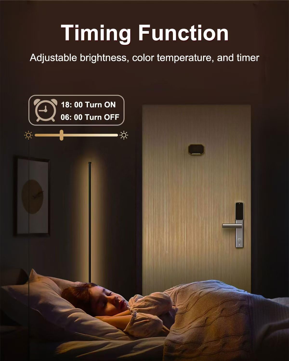 LED floor lamp with sleep mode and timer settings beside a sleeping child