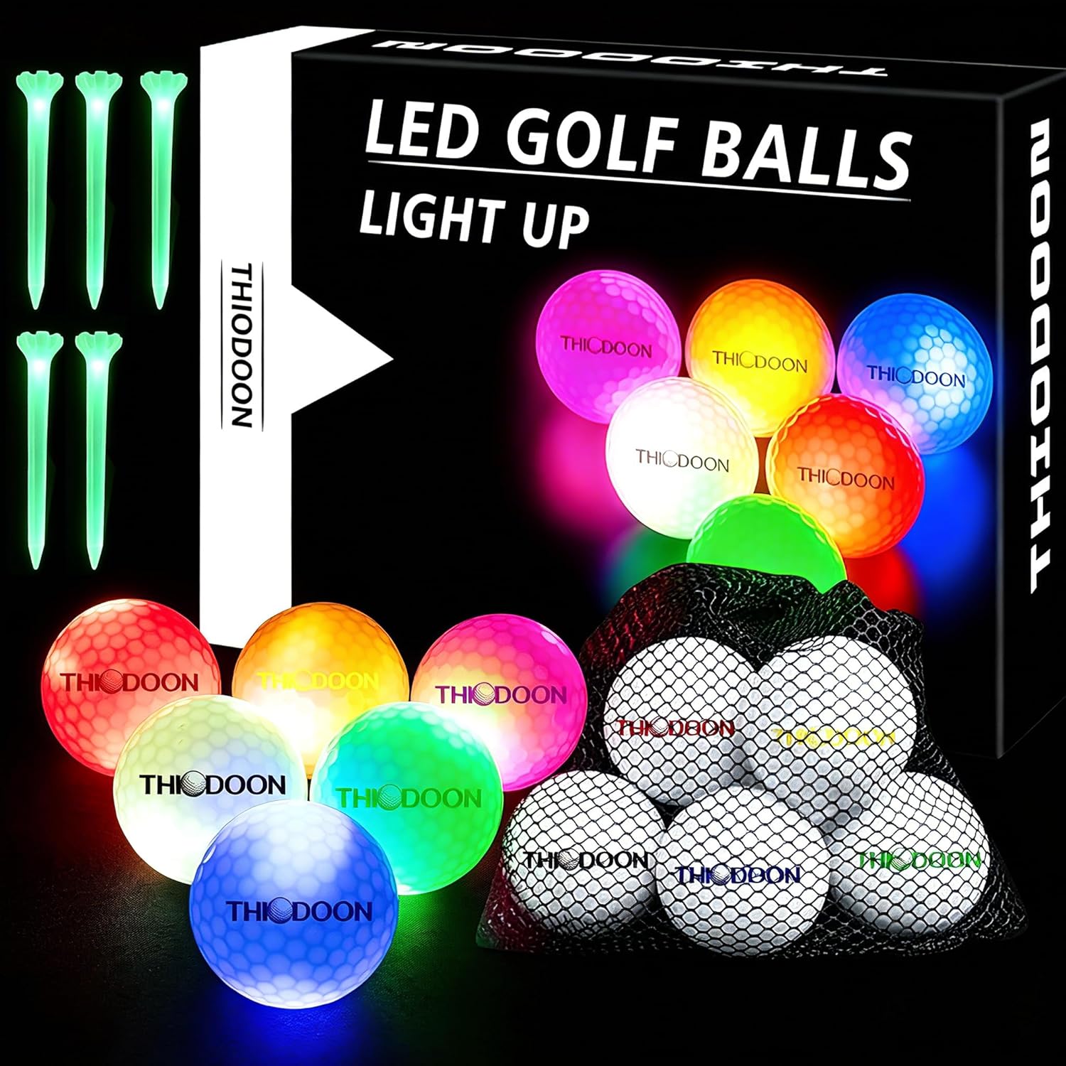 6 LED light up golf balls with glow golf tees and storage bag