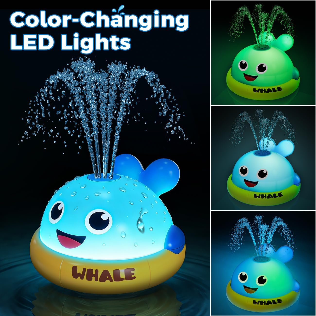 Color-changing LED whale sprinkler bath toy glowing in water