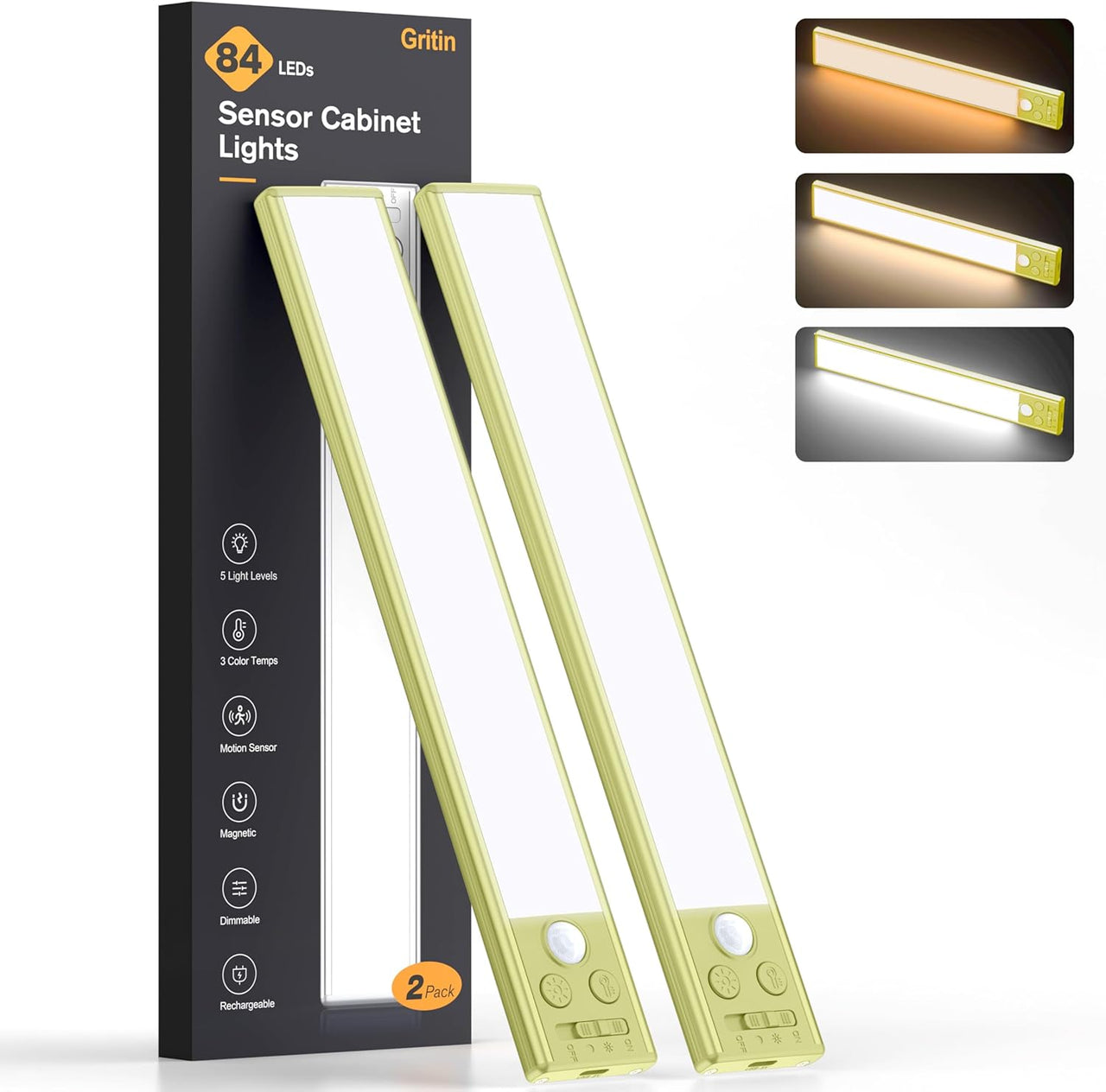 Two rechargeable LED motion sensor cabinet lights in green with packaging showing features like dimmable brightness and color temperature control.