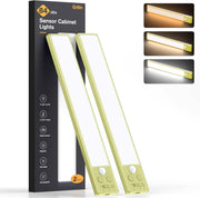 Two rechargeable LED motion sensor cabinet lights in green with packaging showing features like dimmable brightness and color temperature control.