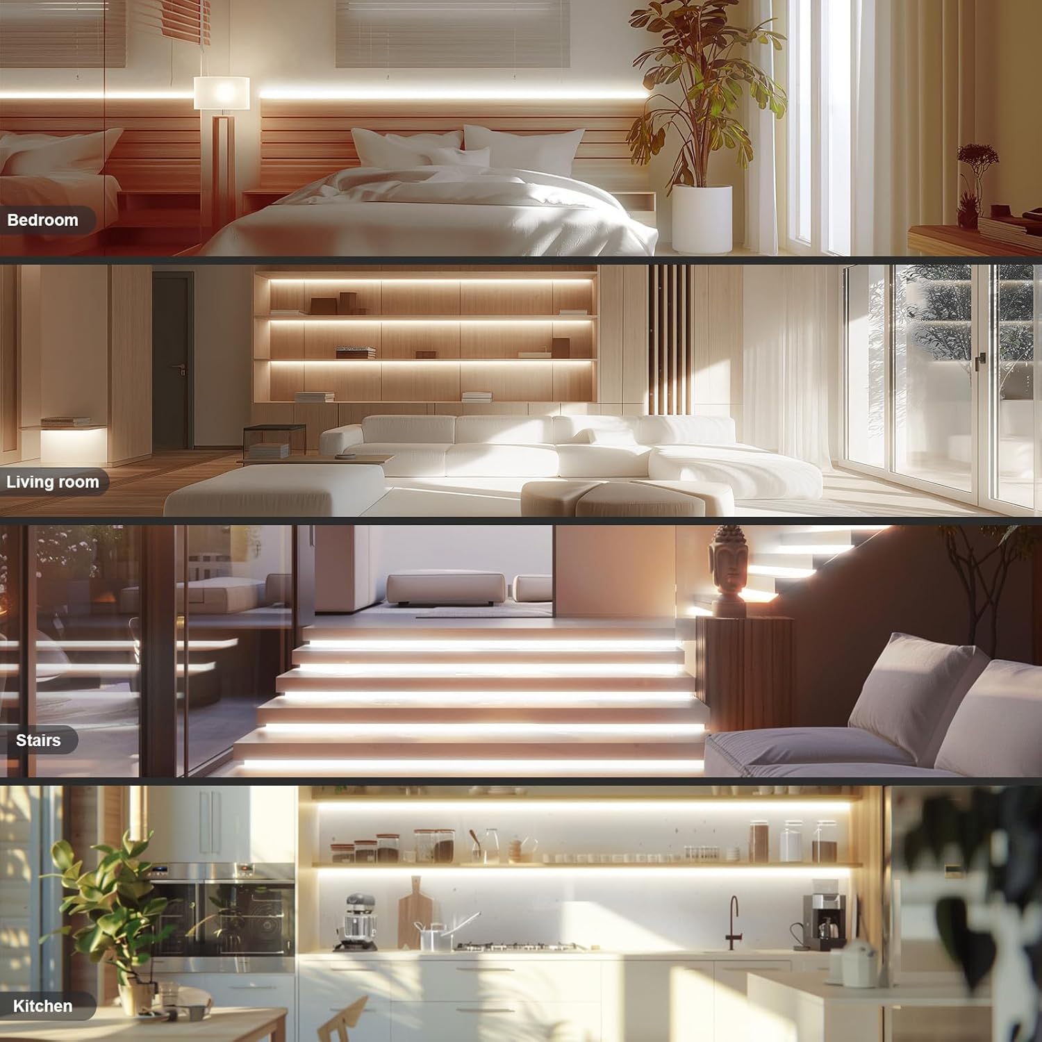 LED strip lighting used in bedroom kitchen and stairs modern home