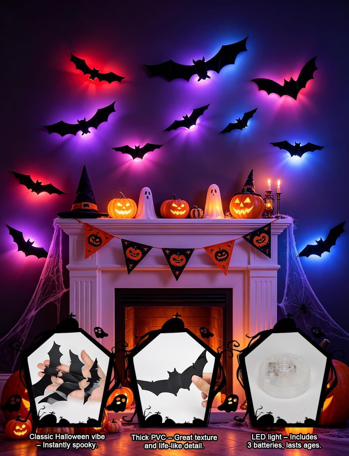 Light-up bat Halloween decorations creating a spooky colorful display
