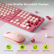 Close-up of Seenda low-profile pink keyboard with round keys
