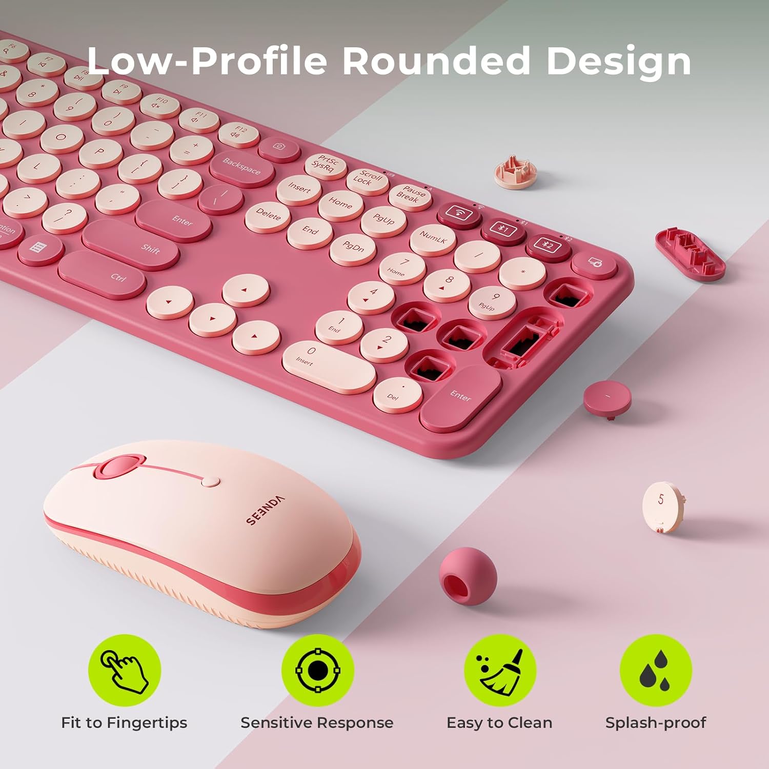 Close-up of Seenda low-profile pink keyboard with round keys