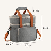 Lunch bag with 27x18x29cm size dimensions labeled for capacity reference.
