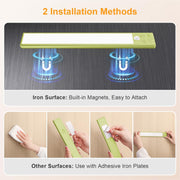 Demonstration of magnetic and adhesive iron plate mounting options for LED cabinet light.