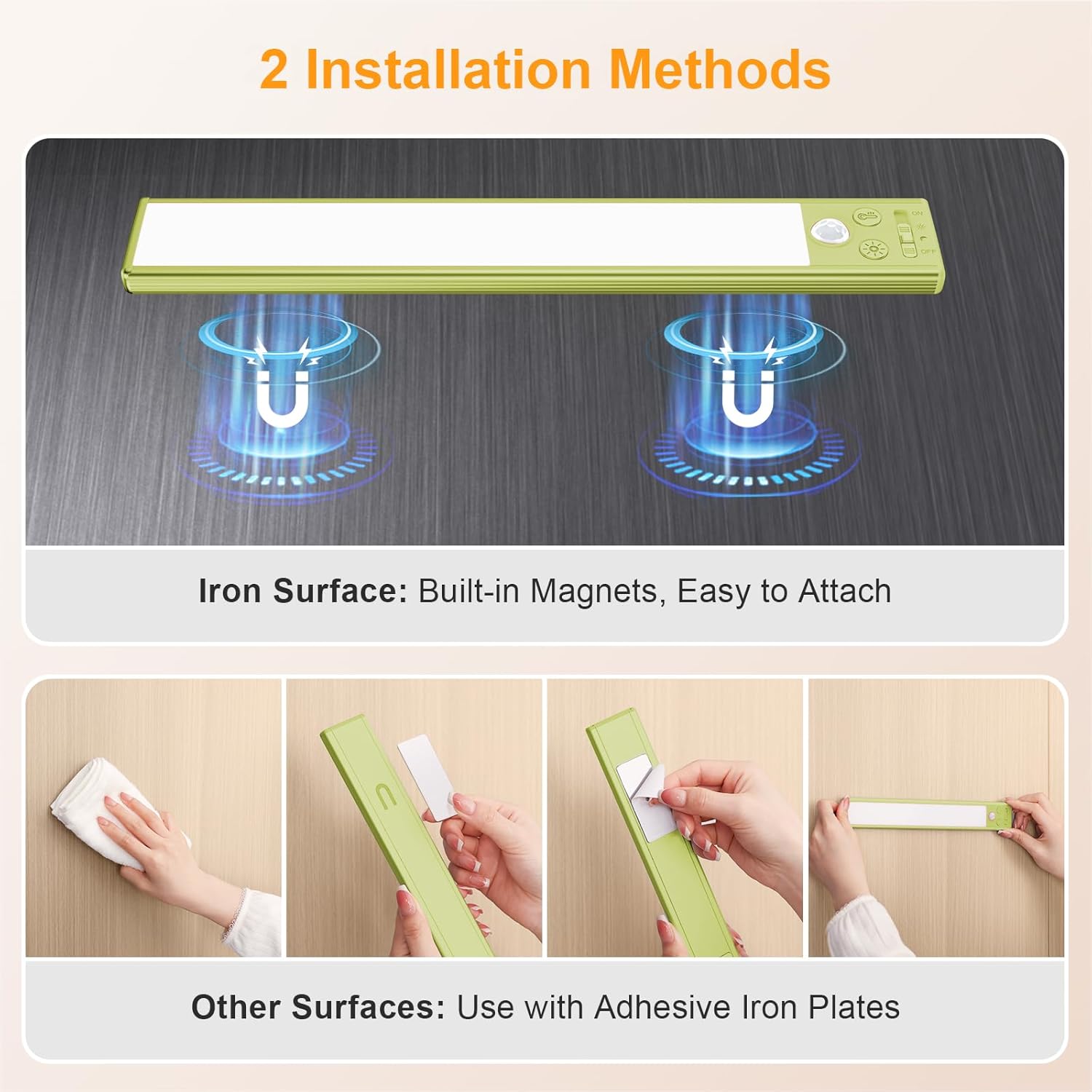 Demonstration of magnetic and adhesive iron plate mounting options for LED cabinet light.