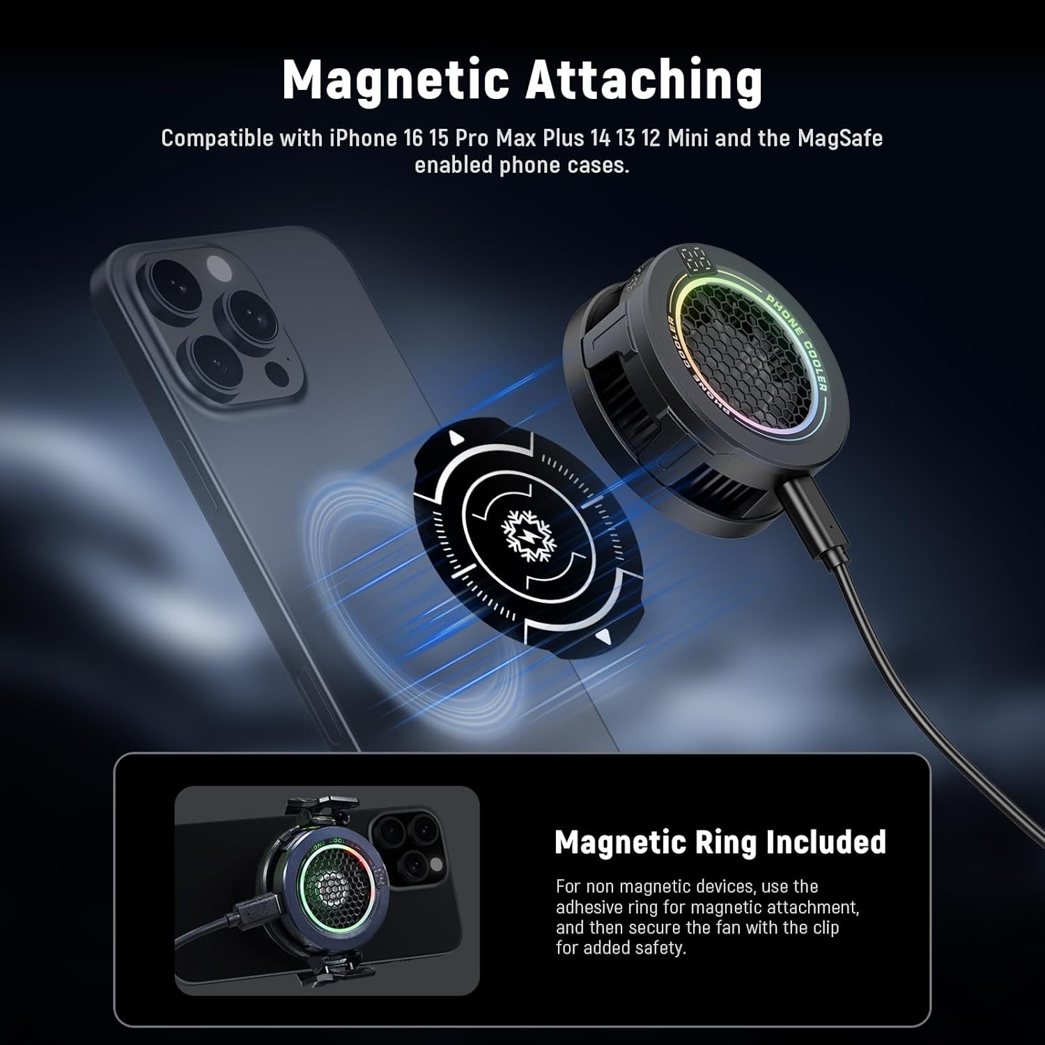 NEEWER phone cooler magnetically attached to iPhone with included magnetic ring