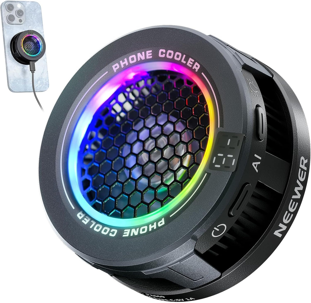 Close-up of NEEWER magnetic phone cooler with RGB lighting and honeycomb design