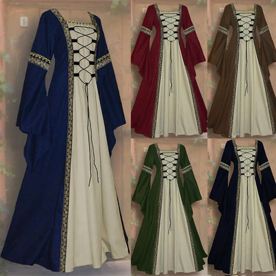 Robe Renaissance médiévale pour femme – Robe cosplay gothique vintage à manches longues avec lacets sur le devant