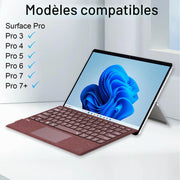 Burgundy Mobee keyboard connected to compatible Microsoft Surface Pro tablet