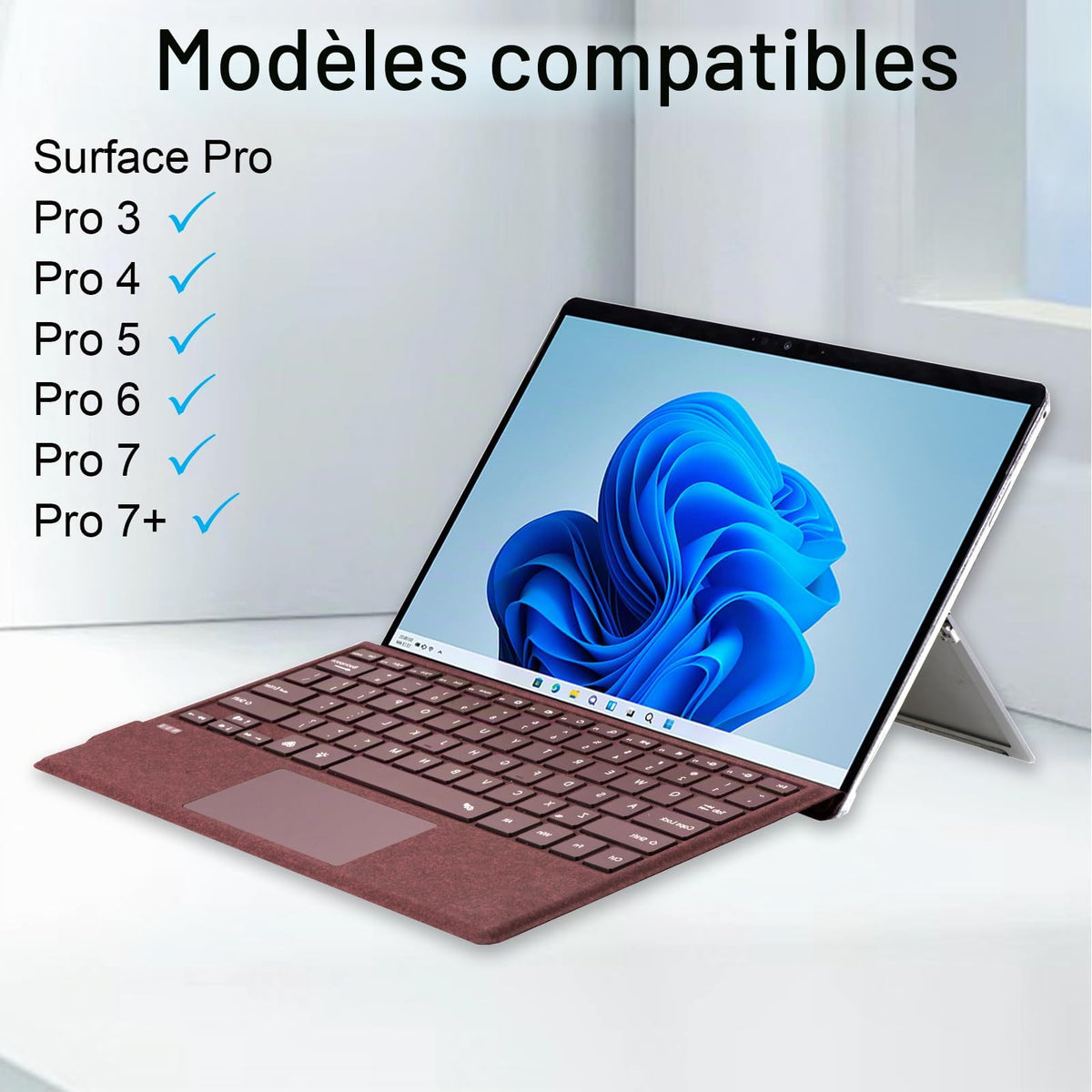Burgundy Mobee keyboard connected to compatible Microsoft Surface Pro tablet