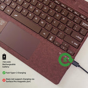 USB-C charging port on Mobee burgundy rechargeable Surface Pro keyboard